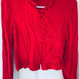 Very pretty, deep red, long sleeved red button down crop top in size small